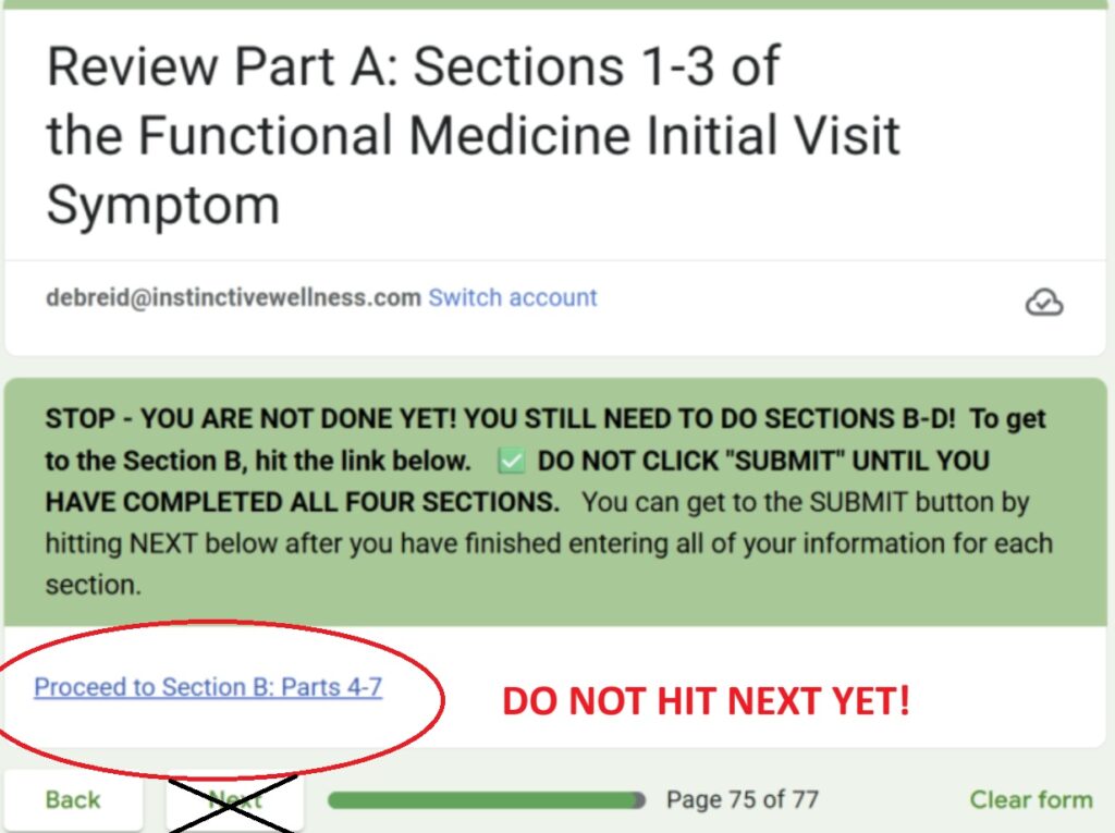 Showing the correct flow when completing the google forms. Part A to Part B.